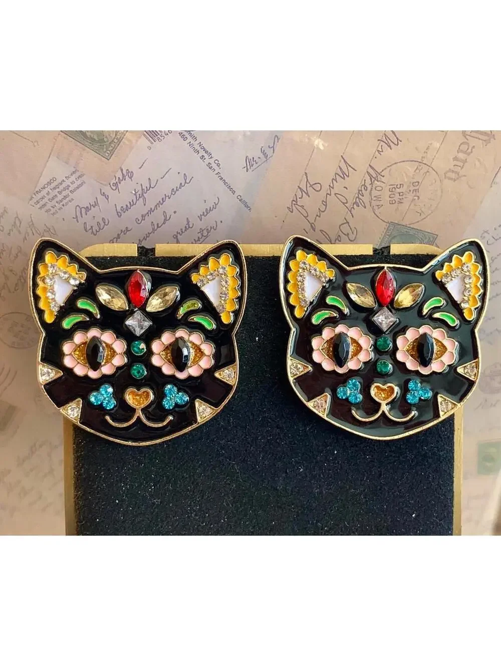 Vibrant Calavera Feline Studs - Enamel & Rhinestone Festival Cat Earrings